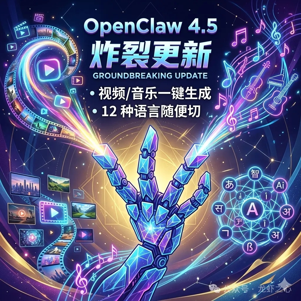 OpenClaw 4.5 炸裂更新：视频/音乐一键生成，12 种语言随便切